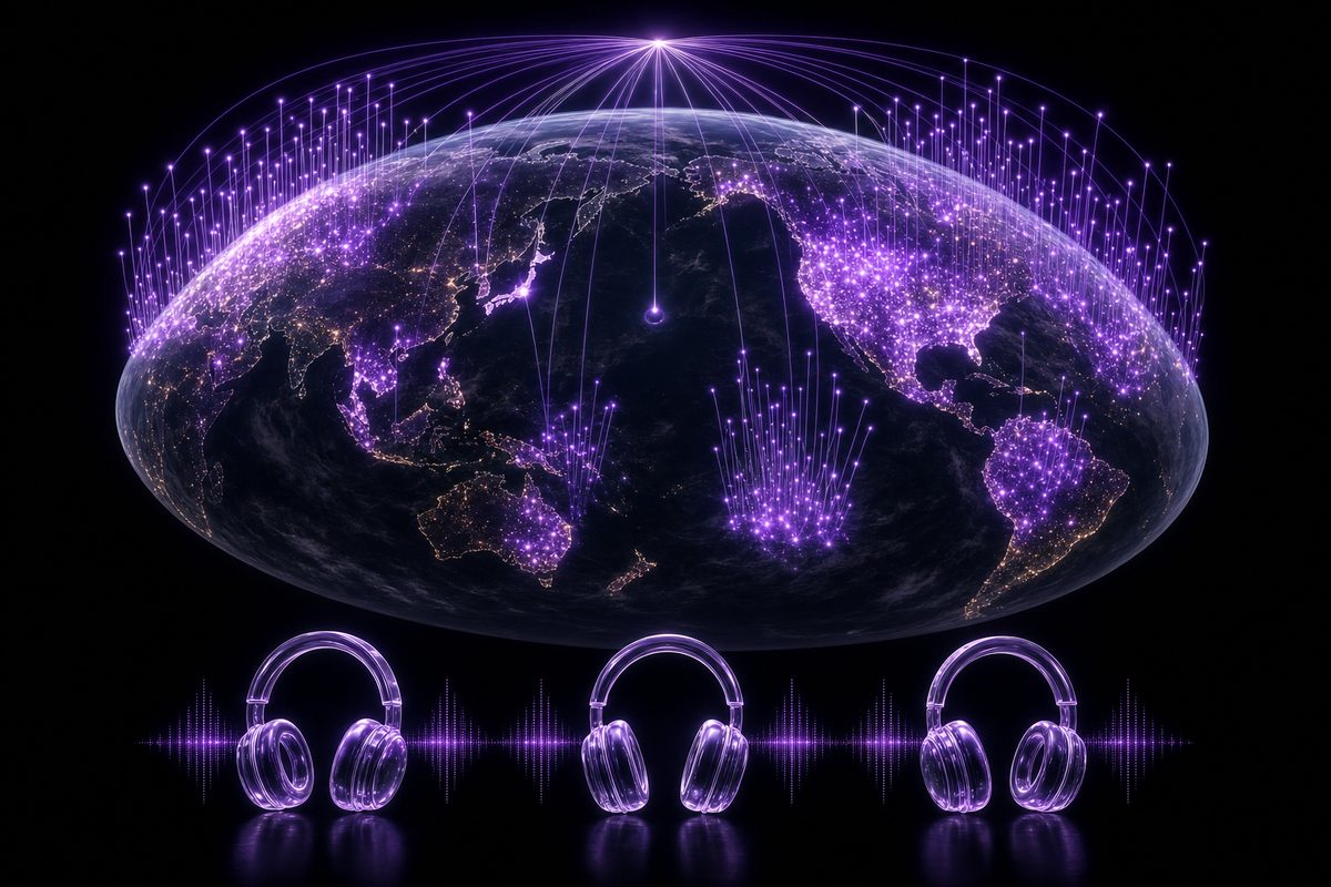 海外リスナー分布 — Sleep BGMの世界的な需要を表す地球と音波の図解