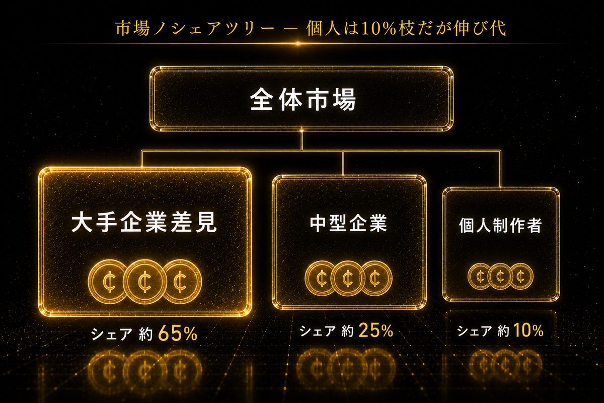 市場シェアツリー - 大手65%/中型25%/個人10%