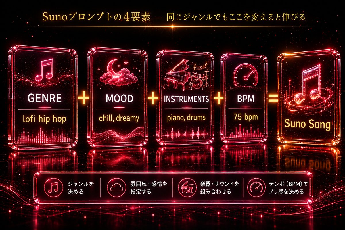 AI作曲プロンプト4要素 - GENRE+MOOD+INSTRUMENTS+BPM
