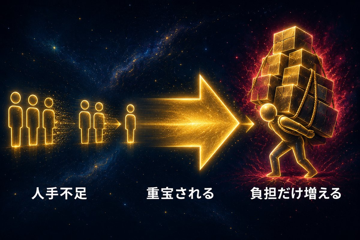 人手不足で重宝されるが負担だけ増える逆説を示す因果図