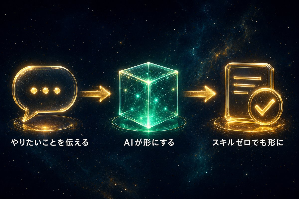やりたいことを伝えるとAIが形にしてスキルゼロでも実現する流れ図