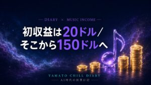 音楽配信の初収益20ドルから150ドルへの推移を表すアイキャッチ