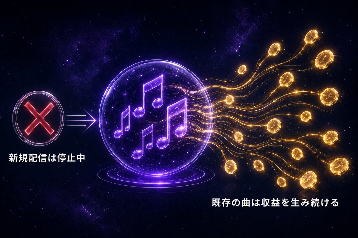 新規配信が止まっても既存曲が収益を生み続けるストック型の概念図