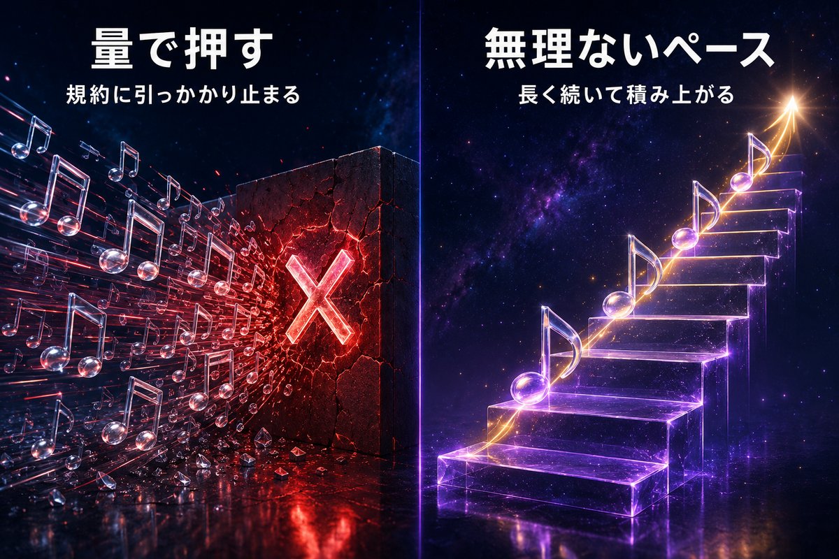 量で押す配信と無理ないペースの配信を比較した図