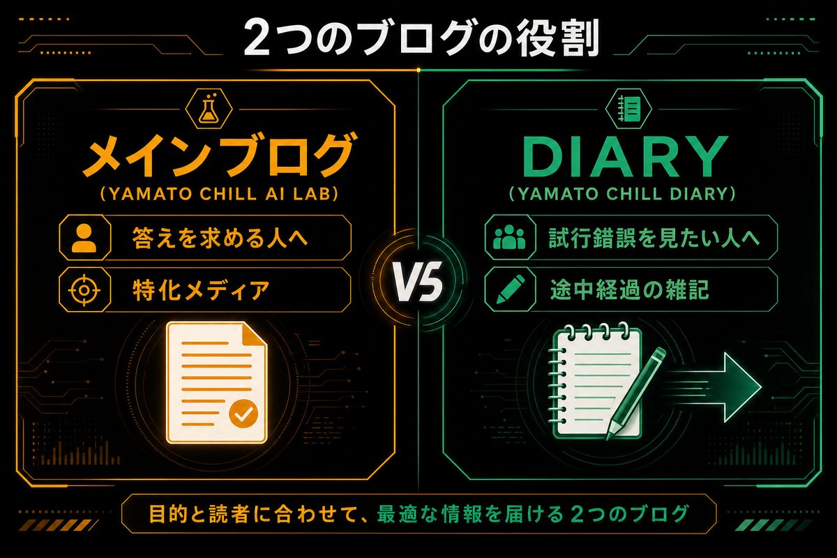 メインブログとDIARYの使い分け図 答えを求めるか試行錯誤を見るか