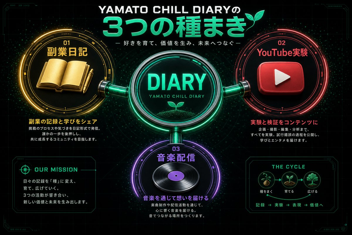 DIARY3つの種まき 副業日記YouTube実験音楽配信の関係図