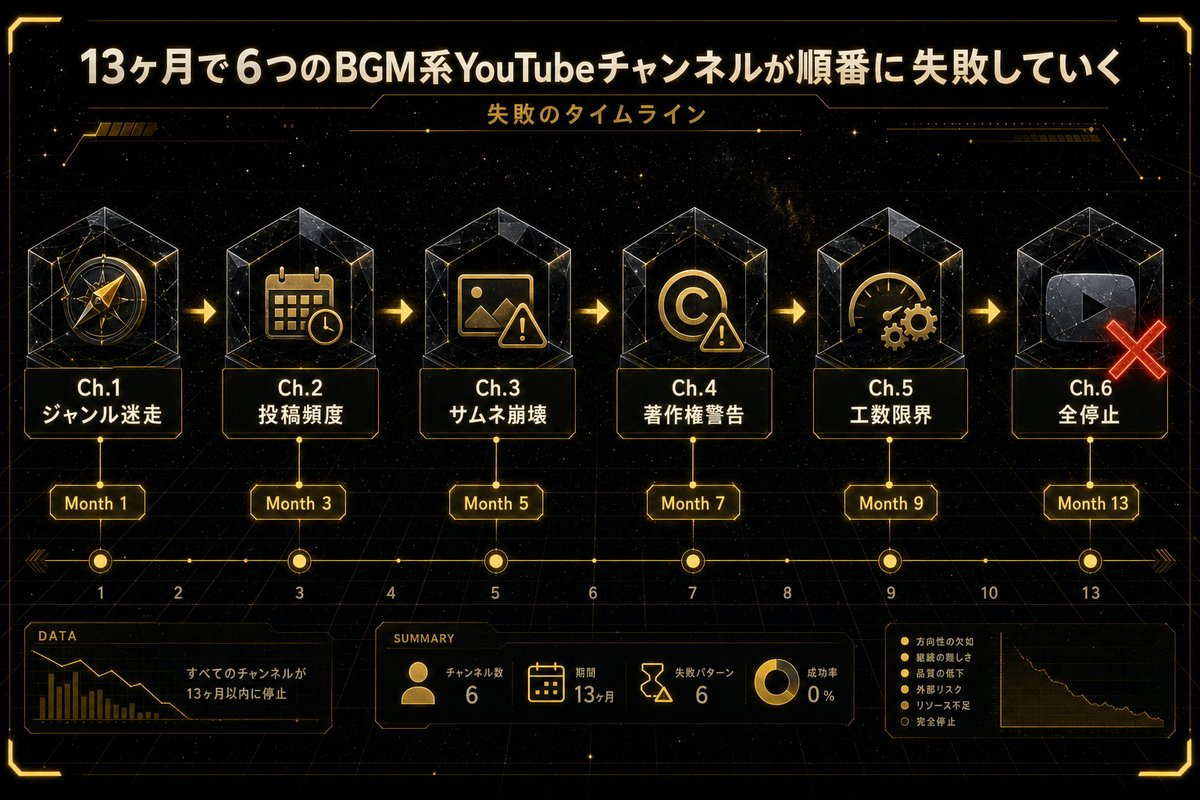 13ヶ月で6チャンネル挫折のタイムライン図解 副業YouTubeの試行錯誤