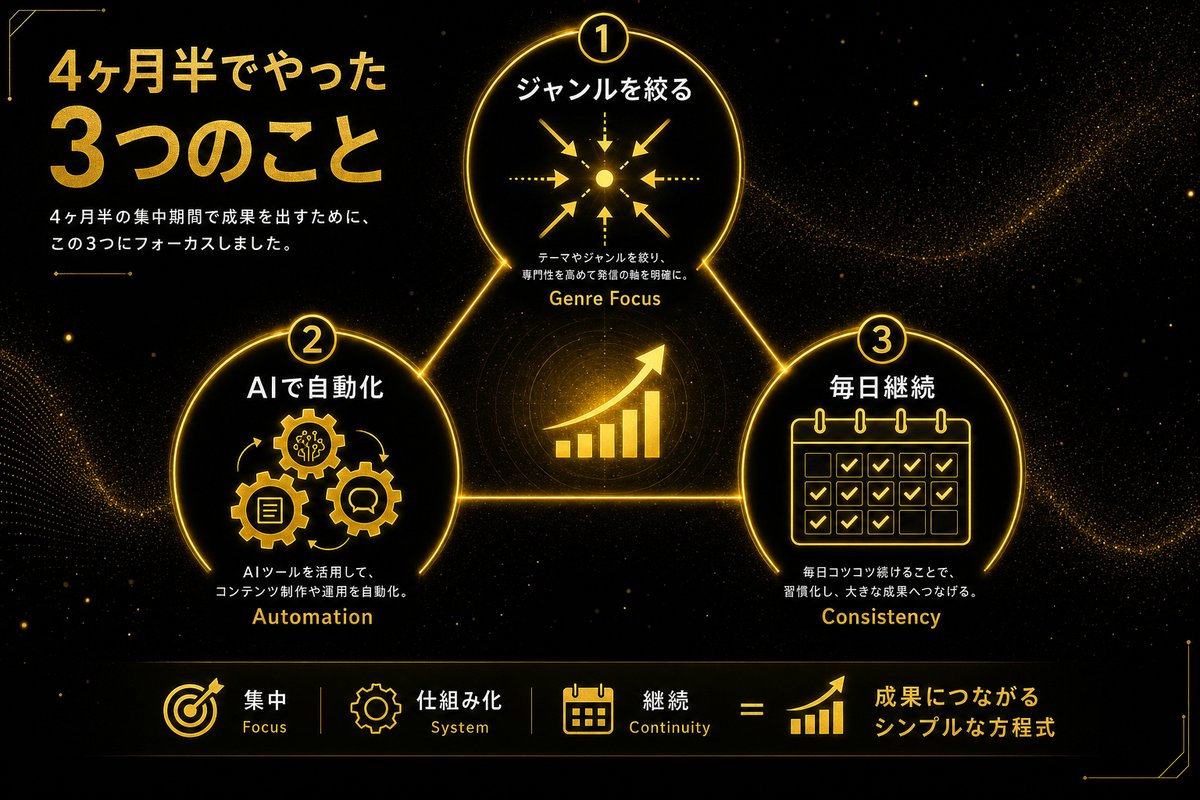 4ヶ月半で勝てた3つの施策 ジャンル絞り 自動化 継続のインフォグラフィック