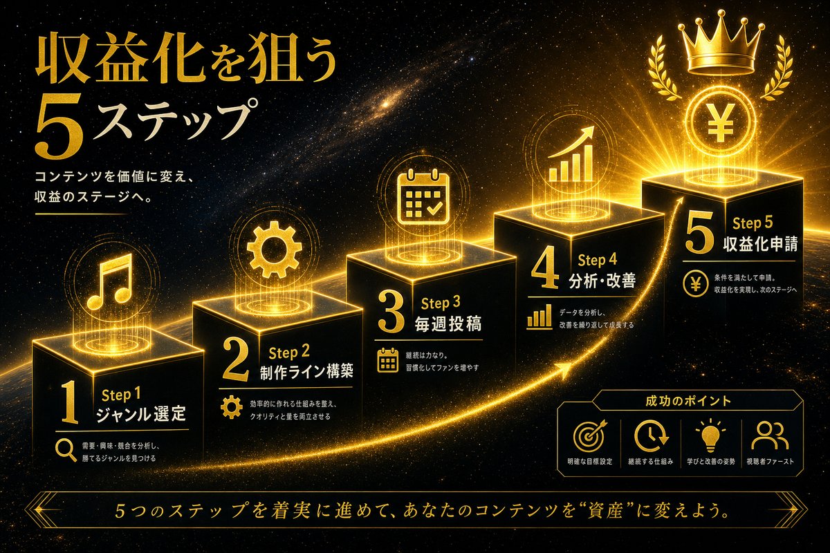 YouTube収益化5ステップの階段図解 ジャンル選定から収益化申請まで
