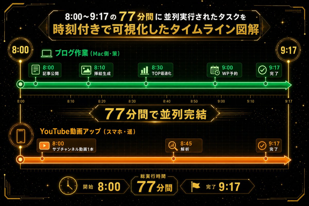 AI並列稼働 今朝のタイムライン 8時から9時17分までブログと動画作業同時進行