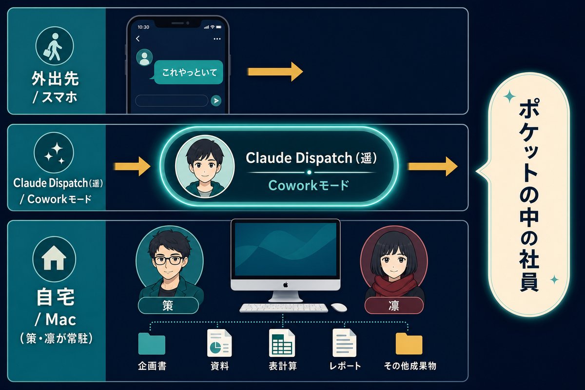 スマホ→Claude Dispatch(遥)→Mac の3層アーキテクチャ図