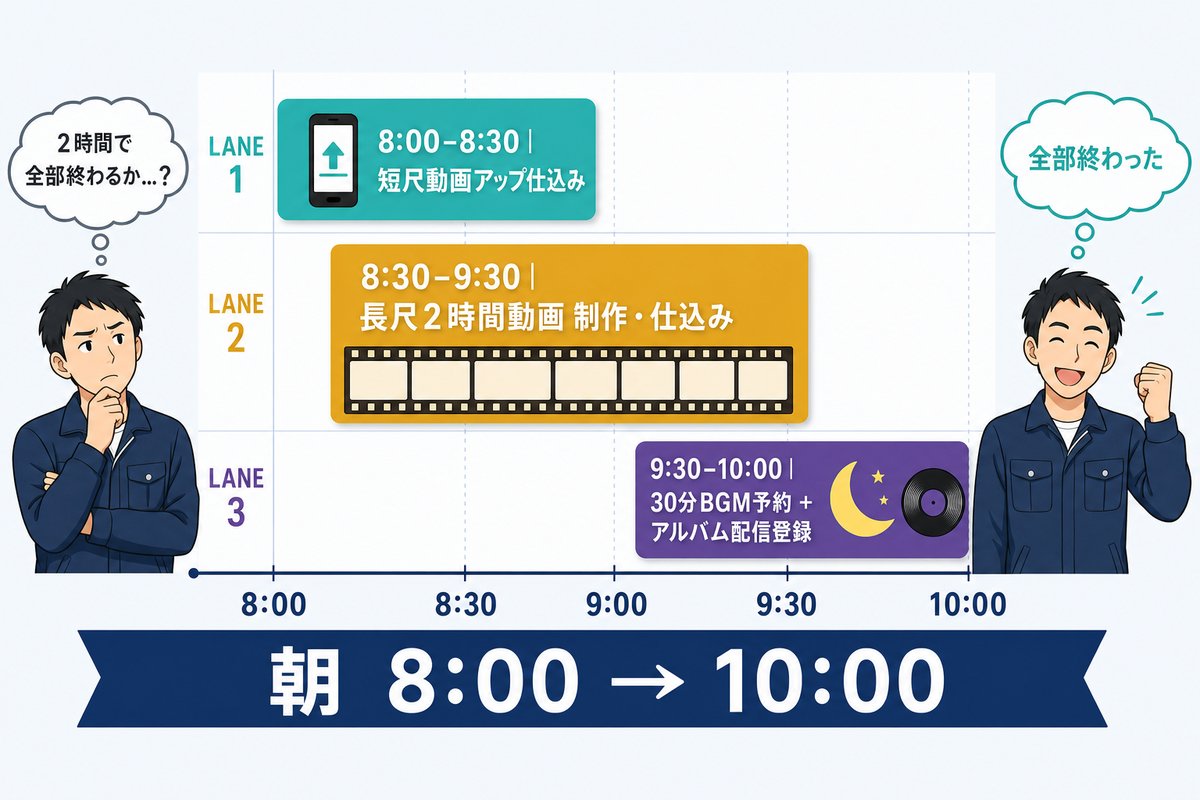 朝8時から10時までの2時間で3レーン並列に進める朝の生産ライン タイムライン図