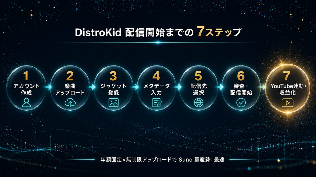 DistroKid配信開始までの7ステップフローチャート
