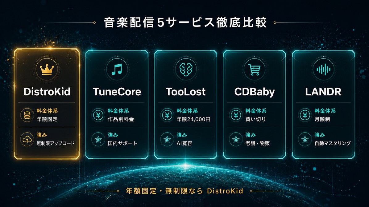 音楽配信代行サービス5社の料金体系比較インフォグラフィック