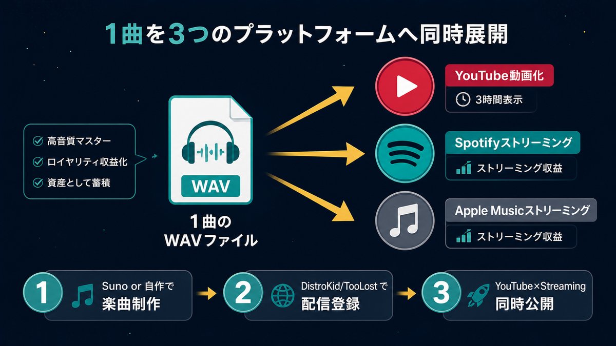 1曲のWAVファイルをYouTube Spotify Apple Musicへ同時展開するフロー図