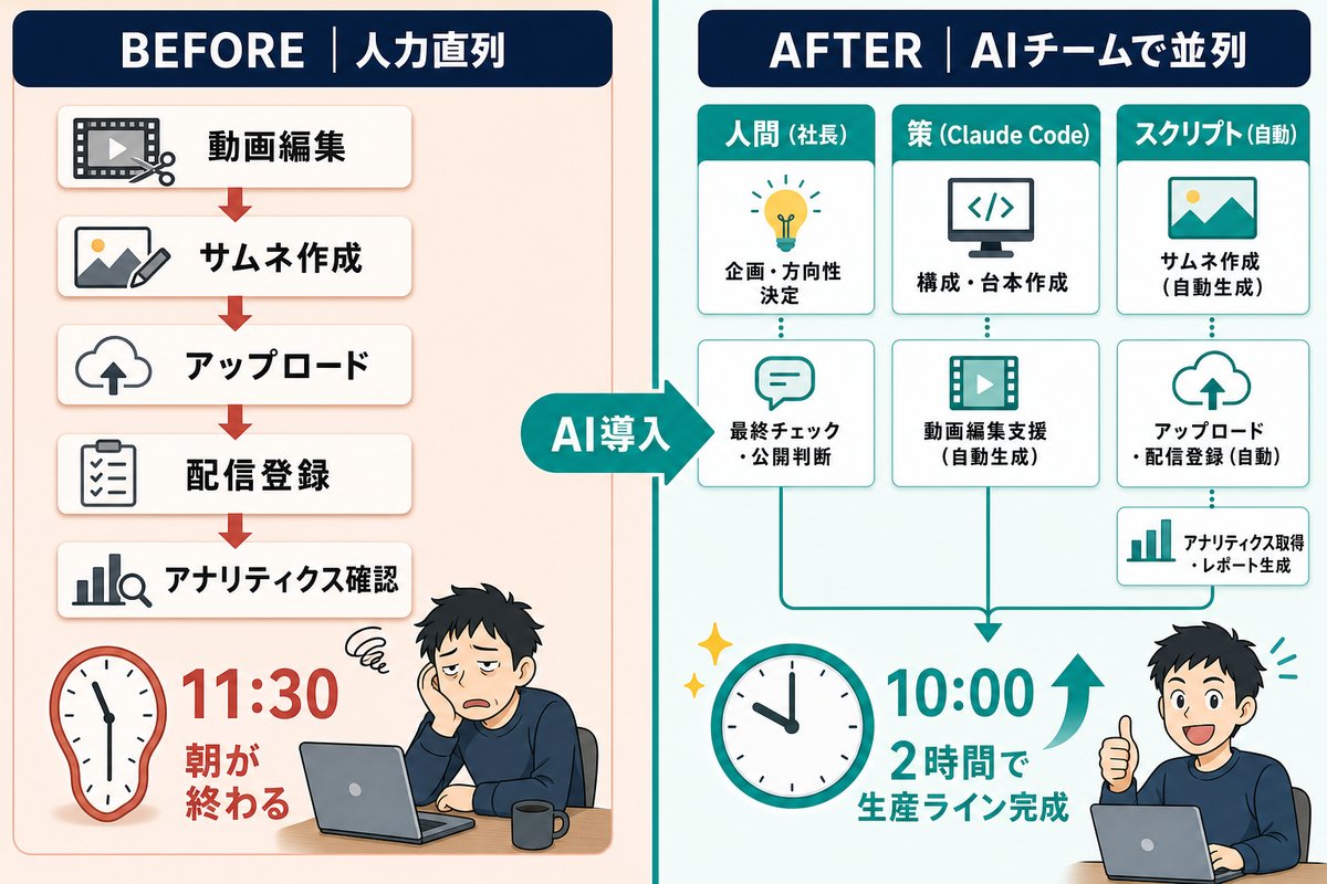AI導入前の人力直列ワークフローと導入後のAIチーム並列ワークフローの構造比較