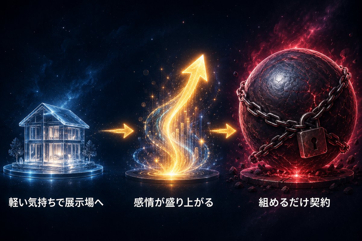 展示場から感情が高まり組めるだけのローンを契約するまでの流れ図