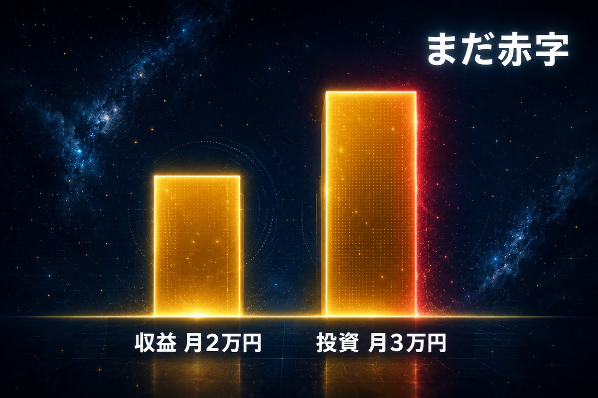 AI副業の収益と投資を比較した棒グラフ(収益より投資が多くまだ赤字)