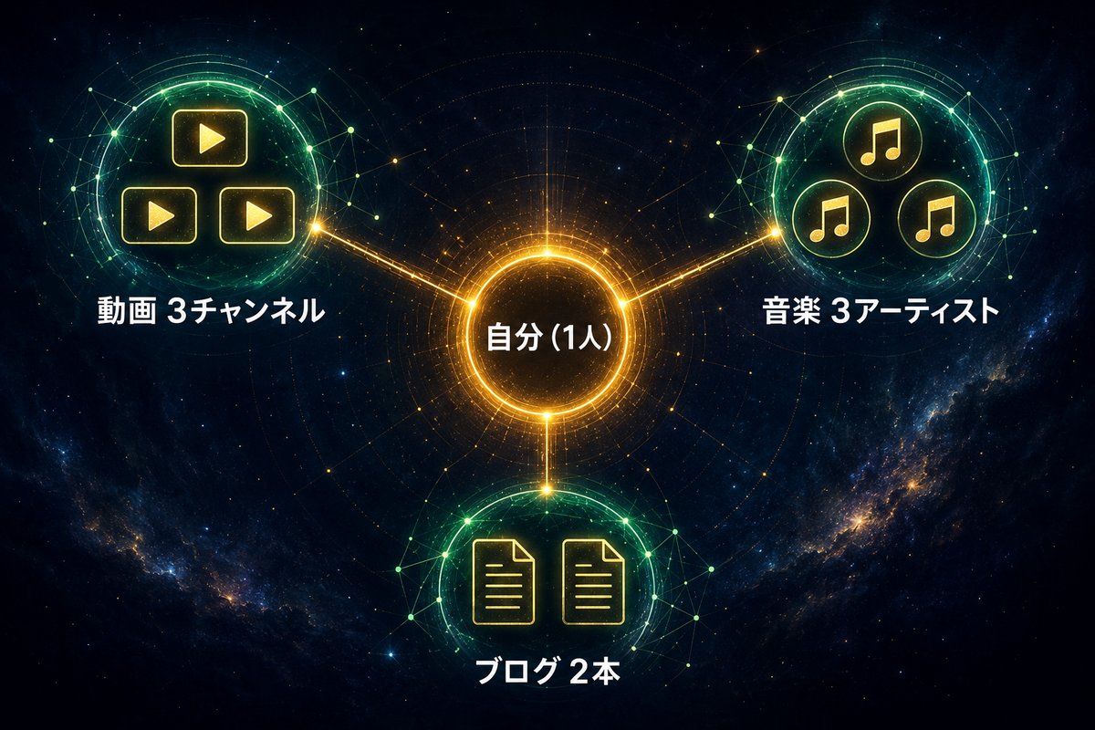 1人で動画・音楽・ブログの複数事業を並行する全体像の概念図