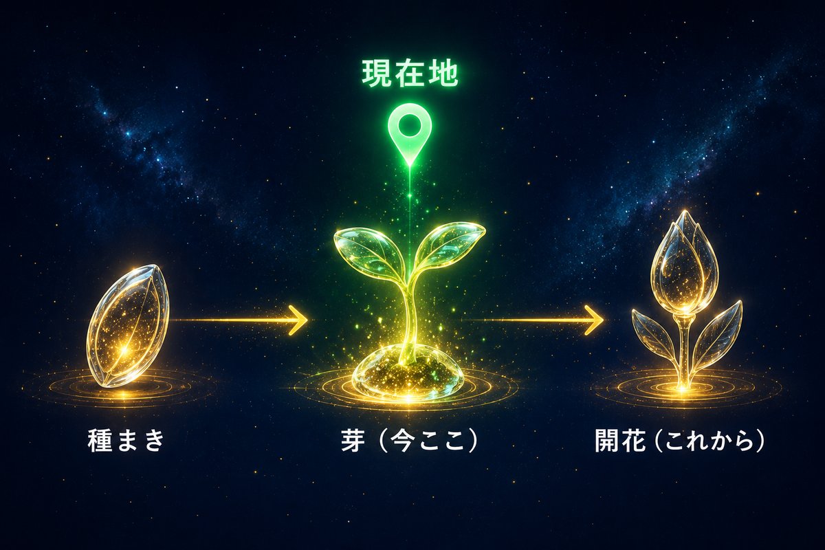 種まき→芽→開花の時間軸で現在地が芽の段階であることを示す図